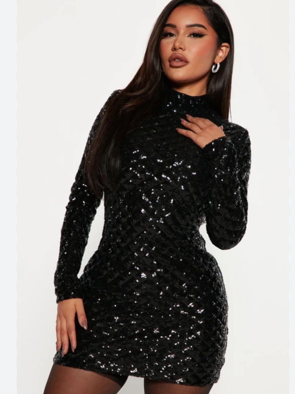 Black Fashion Nova "Caught Your Gaze" Sequin Mock Neck Mini Dress Size 1X